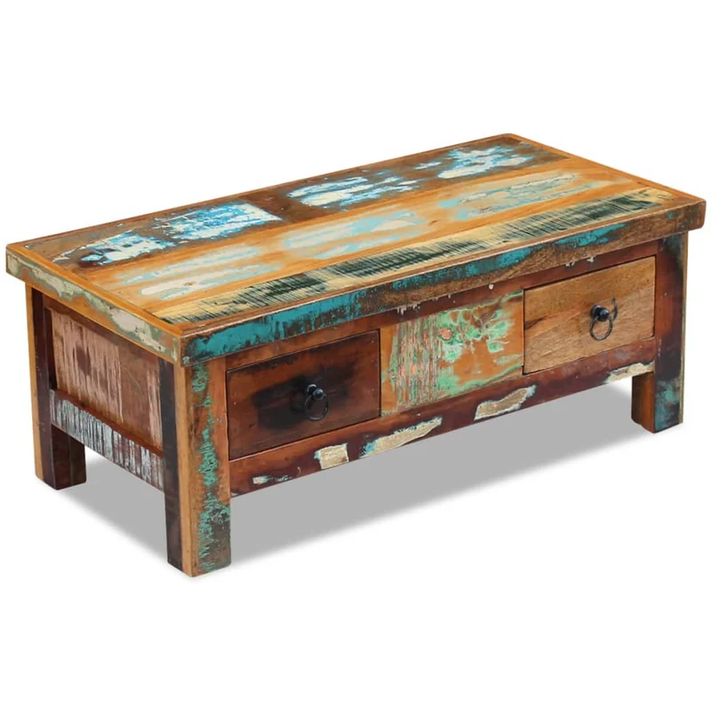 Table basse avec tiroirs en bois de récupération effet vieilli coloré 90 x 45 x 35 cm DEC040218