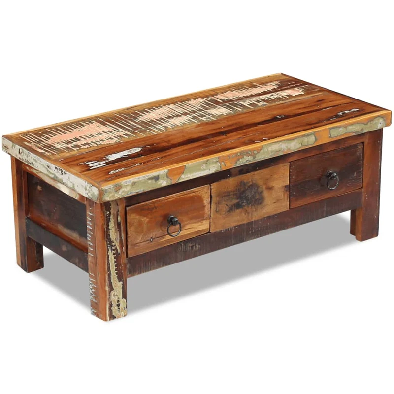 Table basse avec tiroirs en bois de récupération effet vieilli coloré 90 x 45 x 35 cm DEC040218