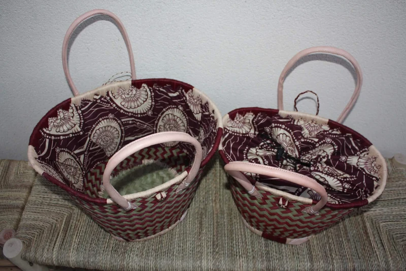 Panier ROND tissu WAX africain - Cabas Anses Longues - Sac Bordeaux & Naturel - 3 TAILLES - Marchés, courses, plage...