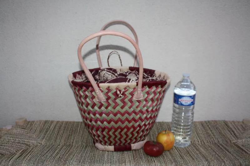 Panier ROND tissu WAX africain - Cabas Anses Longues - Sac Bordeaux & Naturel - 3 TAILLES - Marchés, courses, plage...