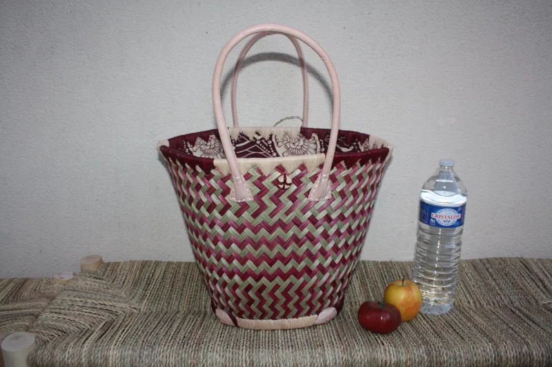 Panier ROND tissu WAX africain - Cabas Anses Longues - Sac Bordeaux & Naturel - 3 TAILLES - Marchés, courses, plage...