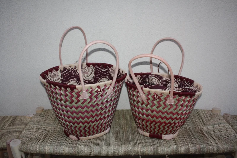 Panier ROND tissu WAX africain - Cabas Anses Longues - Sac Bordeaux & Naturel - 3 TAILLES - Marchés, courses, plage...