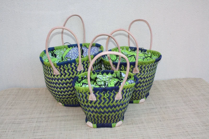 Panier ROND tissu pochon WAX africain - Cabas Bleu & Vert - Sac Anses Longues - 3 TAILLES - Marchés, courses, plage...