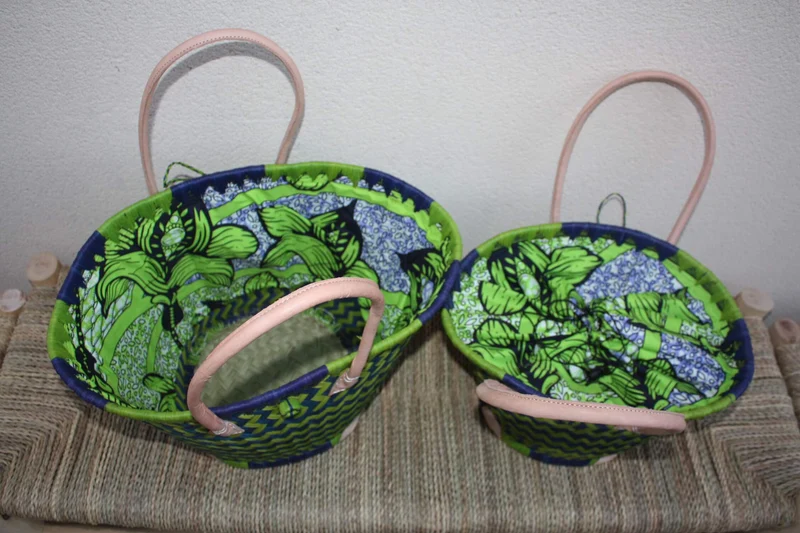 Panier ROND tissu pochon WAX africain - Cabas Bleu & Vert - Sac Anses Longues - 3 TAILLES - Marchés, courses, plage...