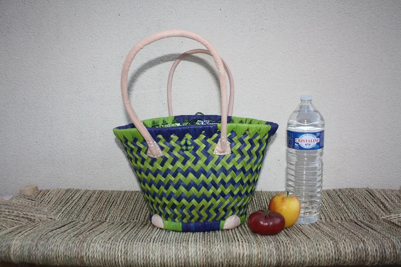 Panier ROND tissu pochon WAX africain - Cabas Bleu & Vert - Sac Anses Longues - 3 TAILLES - Marchés, courses, plage...