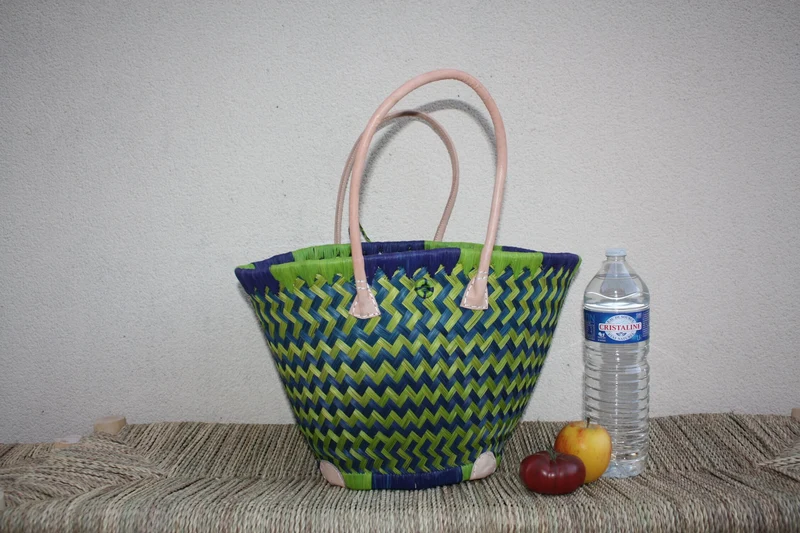 Panier ROND tissu pochon WAX africain - Cabas Bleu & Vert - Sac Anses Longues - 3 TAILLES - Marchés, courses, plage...