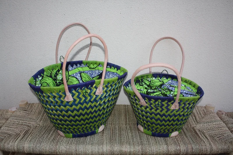 Panier ROND tissu pochon WAX africain - Cabas Bleu & Vert - Sac Anses Longues - 3 TAILLES - Marchés, courses, plage...