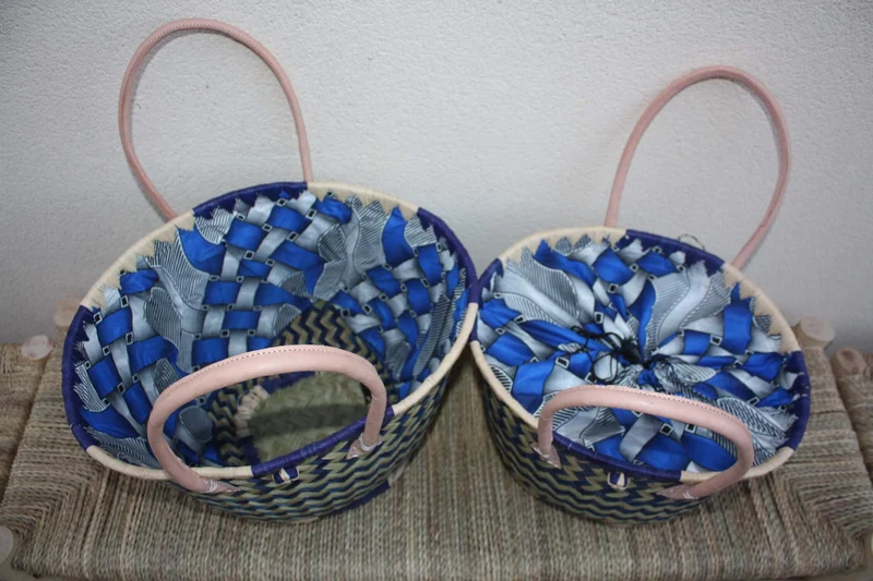 Panier ROND qui se ferme avec tissu WAX africain - Bleu & Naturel - Cabas Sac Anses Longues - 3 TAILLES - Marchés, courses, plage...