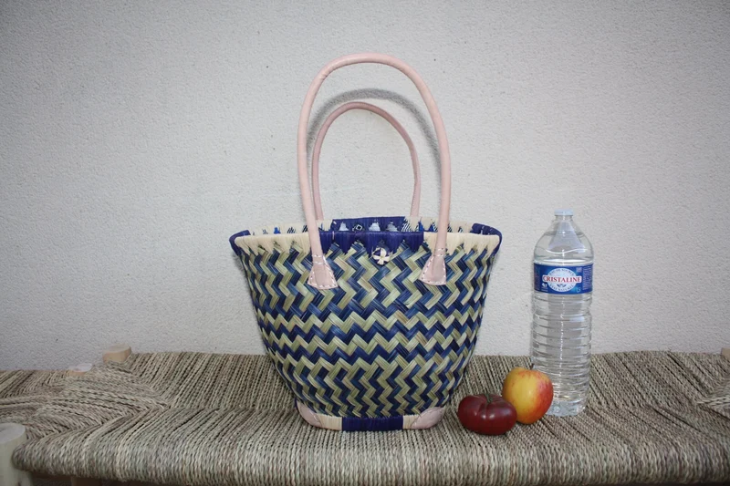 Panier ROND qui se ferme avec tissu WAX africain - Bleu & Naturel - Cabas Sac Anses Longues - 3 TAILLES - Marchés, courses, plage...