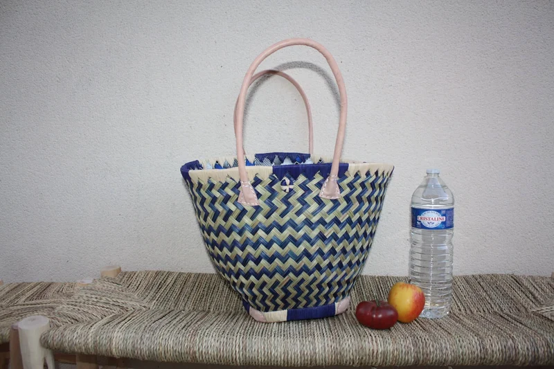 Panier ROND qui se ferme avec tissu WAX africain - Bleu & Naturel - Cabas Sac Anses Longues - 3 TAILLES - Marchés, courses, plage...