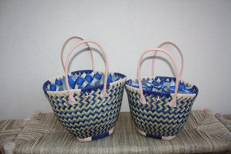Panier ROND qui se ferme avec tissu WAX africain - Bleu & Naturel - Cabas Sac Anses Longues - 3 TAILLES - Marchés, courses, plage...