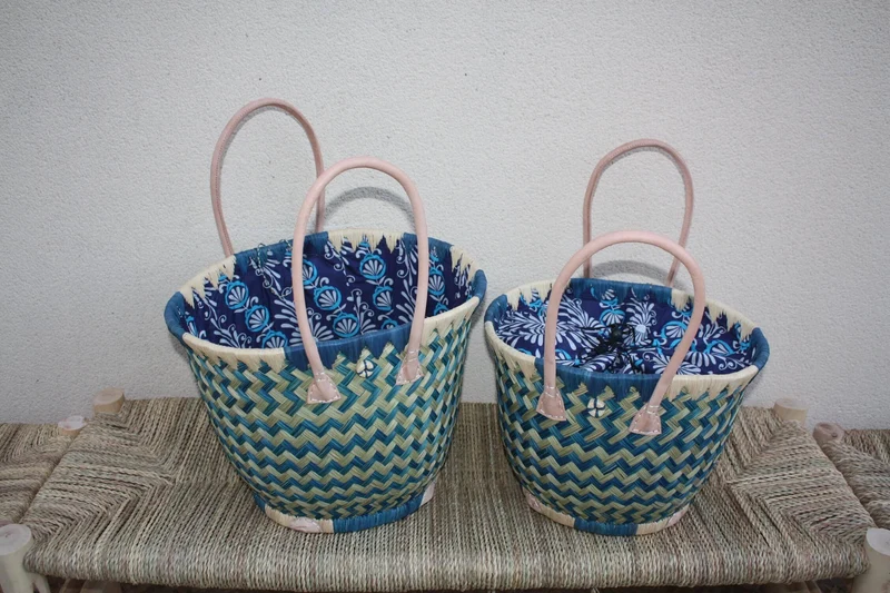 Panier ROND tissu pochon WAX africain - Turquoise & Naturel - Sac Cabas Anses Longues - Marché, courses, plage - 3 TAILLES -