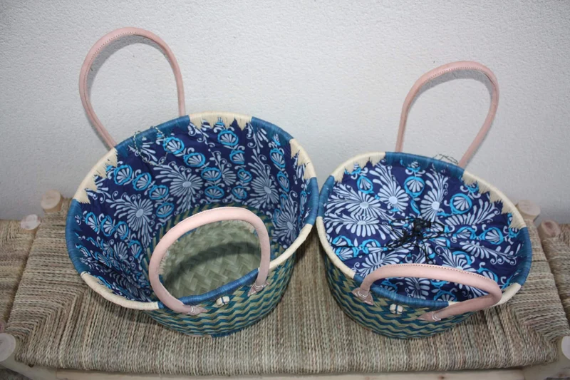 Panier ROND tissu pochon WAX africain - Turquoise & Naturel - Sac Cabas Anses Longues - Marché, courses, plage - 3 TAILLES -