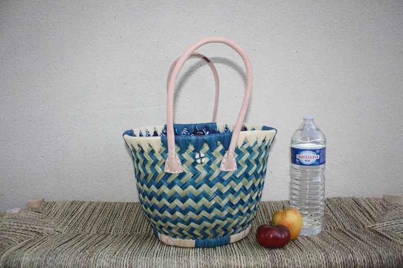 Panier ROND tissu pochon WAX africain - Turquoise & Naturel - Sac Cabas Anses Longues - Marché, courses, plage - 3 TAILLES -
