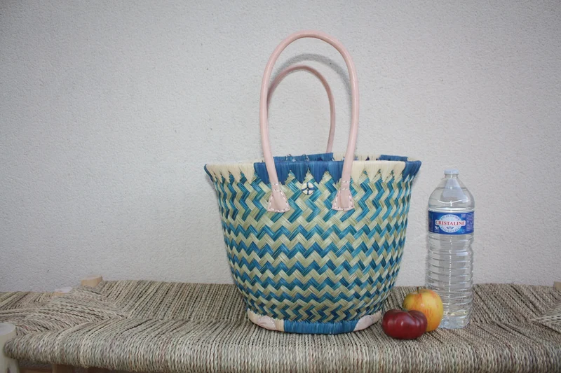 Panier ROND tissu pochon WAX africain - Turquoise & Naturel - Sac Cabas Anses Longues - Marché, courses, plage - 3 TAILLES -
