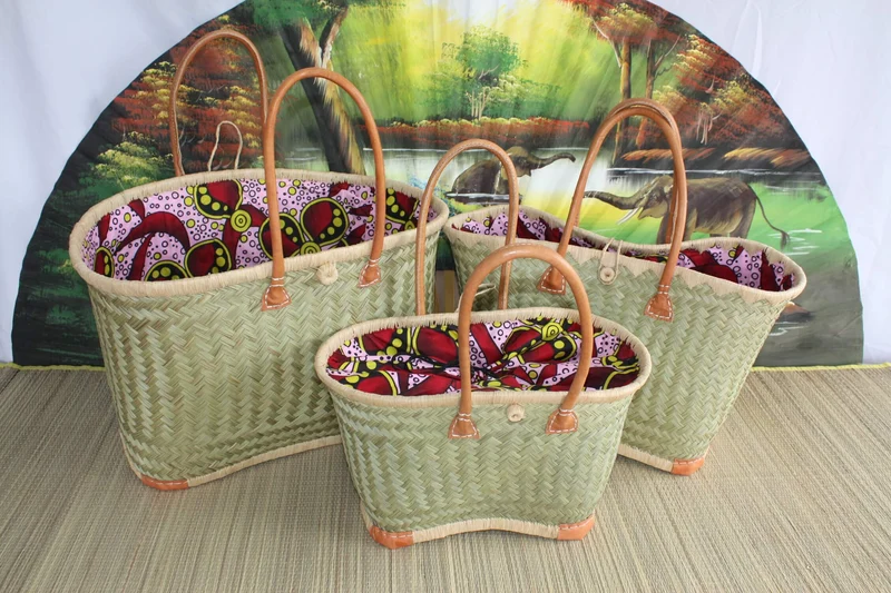 Panier avec tissu WAX africain Rouge & Rose - Cabas Sac Anses Longues - 3 TAILLES - Marchés, courses, plage... osier rotin