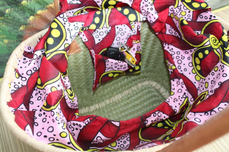 Panier avec tissu WAX africain Rouge & Rose - Cabas Sac Anses Longues - 3 TAILLES - Marchés, courses, plage... osier rotin