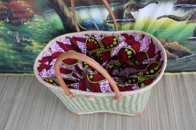 Panier avec tissu WAX africain Rouge & Rose - Cabas Sac Anses Longues - 3 TAILLES - Marchés, courses, plage... osier rotin