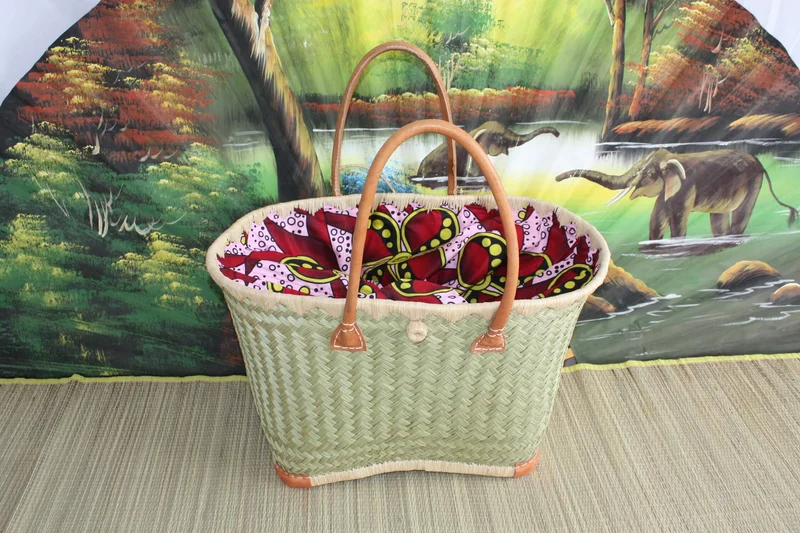 Panier avec tissu WAX africain Rouge & Rose - Cabas Sac Anses Longues - 3 TAILLES - Marchés, courses, plage... osier rotin