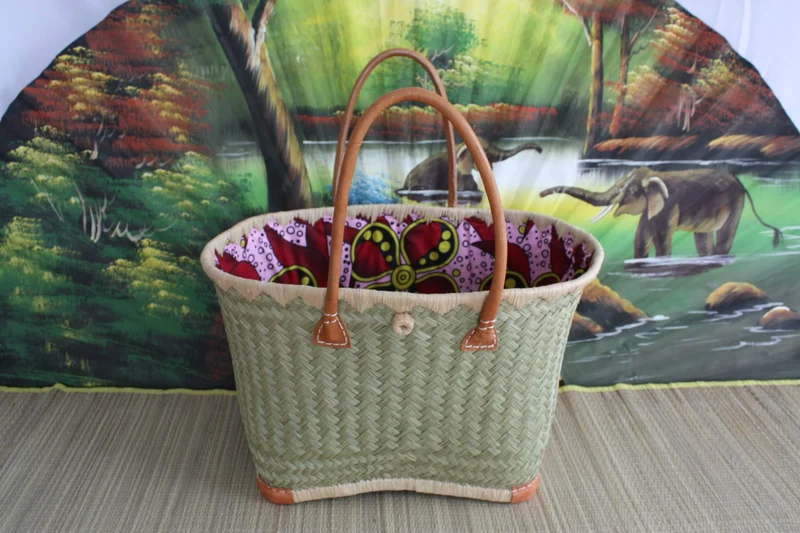 Panier avec tissu WAX africain Rouge & Rose - Cabas Sac Anses Longues - 3 TAILLES - Marchés, courses, plage... osier rotin