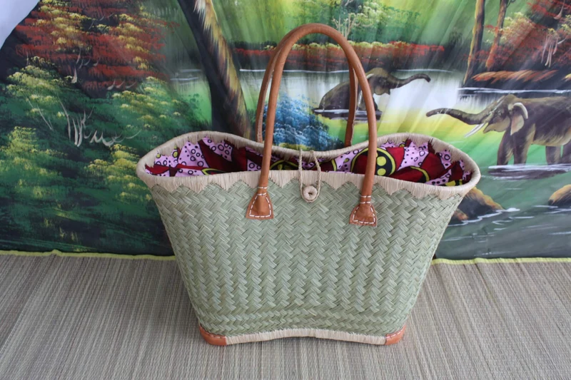 Panier avec tissu WAX africain Rouge & Rose - Cabas Sac Anses Longues - 3 TAILLES - Marchés, courses, plage... osier rotin