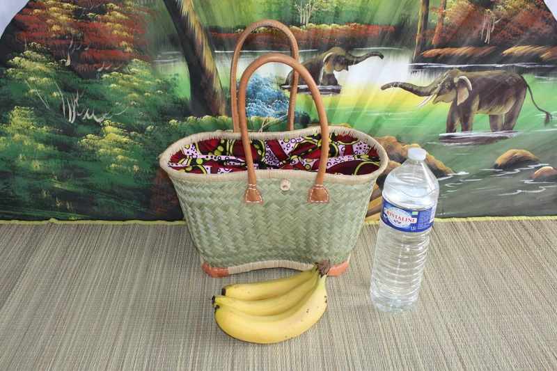 Panier avec tissu WAX africain Rouge & Rose - Cabas Sac Anses Longues - 3 TAILLES - Marchés, courses, plage... osier rotin
