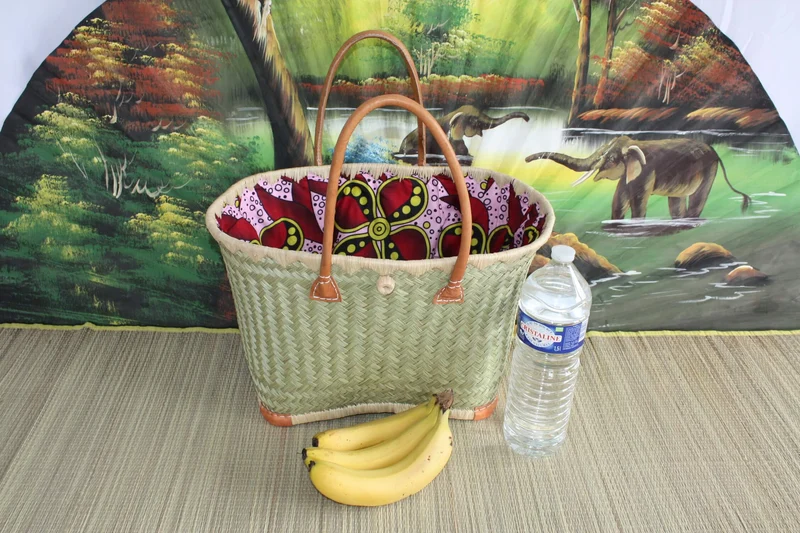Panier avec tissu WAX africain Rouge & Rose - Cabas Sac Anses Longues - 3 TAILLES - Marchés, courses, plage... osier rotin