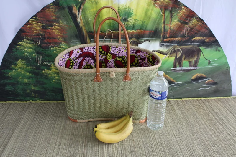 Panier avec tissu WAX africain Rouge & Rose - Cabas Sac Anses Longues - 3 TAILLES - Marchés, courses, plage... osier rotin