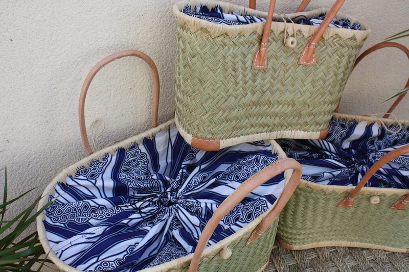 Panier cabas tissu WAX africain - Sac XXL Anses Longues - 3 TAILLES - idéal marchés, courses, plage... raphia palmier roseau osier