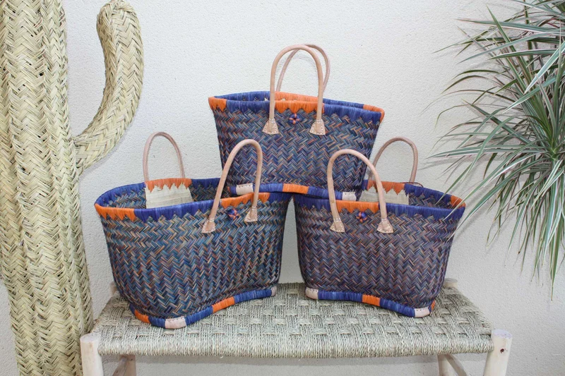 Cabas à courses de Madagascar - Panier Bleu & Orange - Sac tressé Artisanal - 3 tailles au choix -