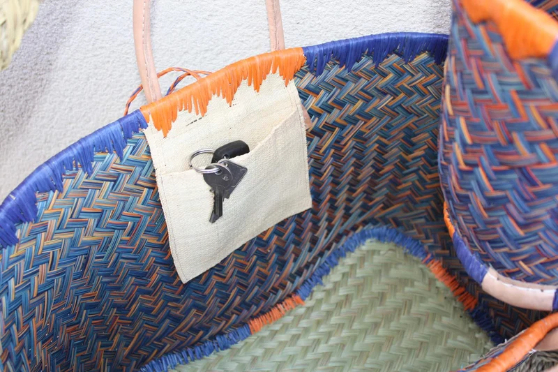 Cabas à courses de Madagascar - Panier Bleu & Orange - Sac tressé Artisanal - 3 tailles au choix -