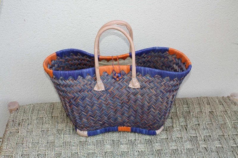 Cabas à courses de Madagascar - Panier Bleu & Orange - Sac tressé Artisanal - 3 tailles au choix -