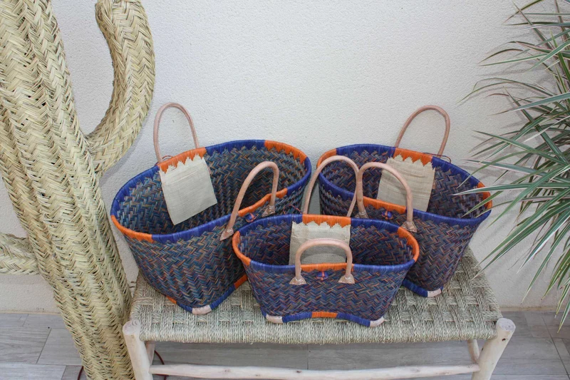 Cabas à courses de Madagascar - Panier Bleu & Orange - Sac tressé Artisanal - 3 tailles au choix -