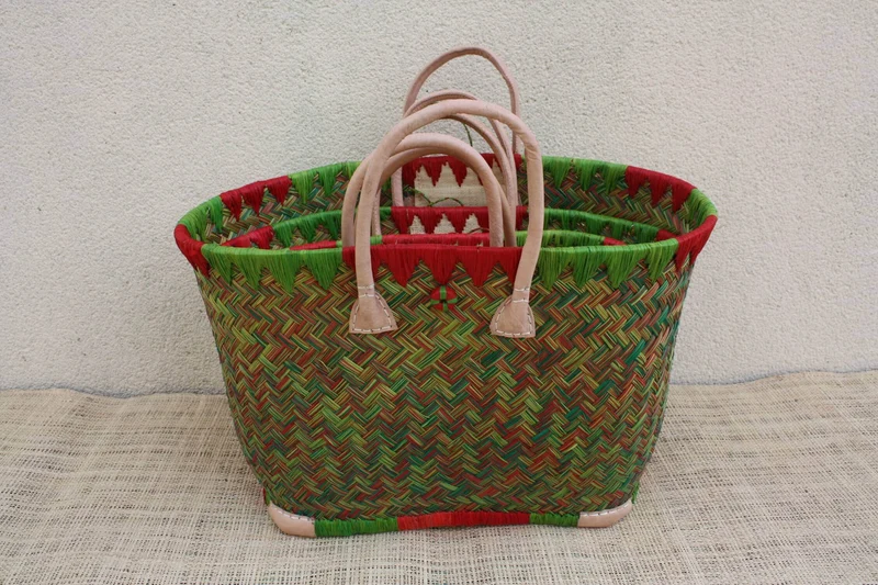 Cabas à courses tressé de Madagascar - Panier Sac Rouge & Vert - Artisanal - 3 tailles au choix -