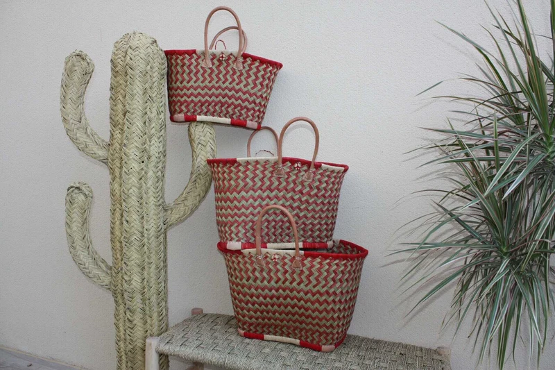 PANIER de Madagascar - CABAS SAC Courses et Marché - Rouge & Naturel - Artisanal - 3 tailles au choix -