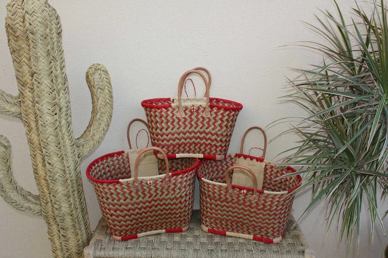 PANIER de Madagascar - CABAS SAC Courses et Marché - Rouge & Naturel - Artisanal - 3 tailles au choix -