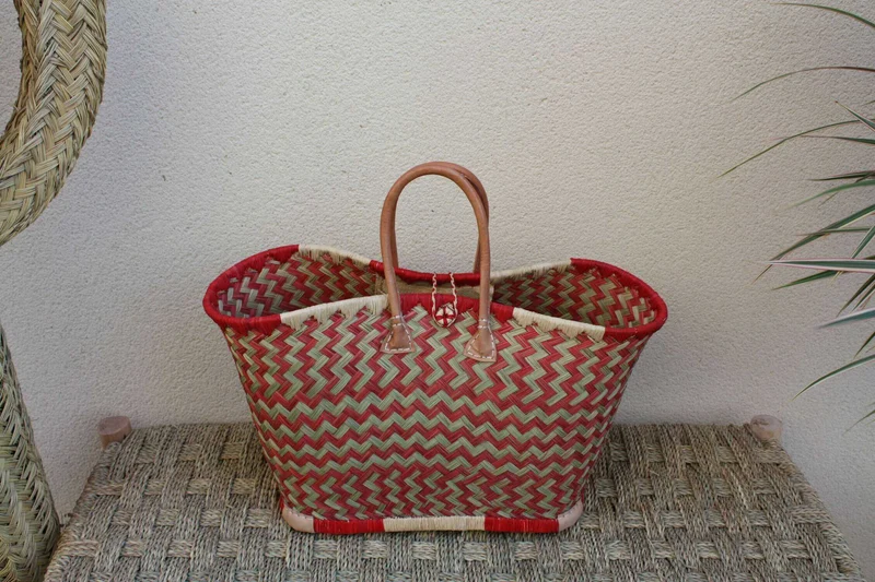 PANIER de Madagascar - CABAS SAC Courses et Marché - Rouge & Naturel - Artisanal - 3 tailles au choix -