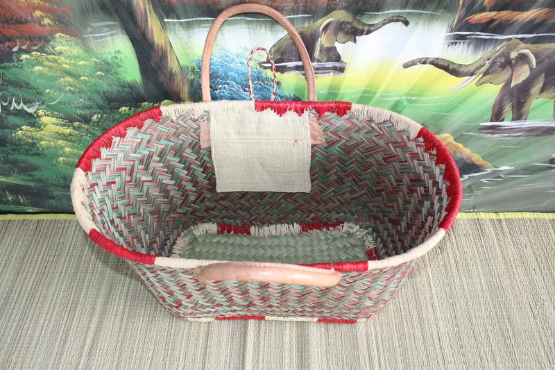 Panier à courses - Sac Cabas Rouge & Vert - 3 TAILLES - tressé à la main - marchés, plage...