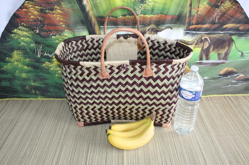 PANIER à courses tressé de Madagascar - CABAS SAC Naturel et Noir - Fait Main - 3 tailles au choix -