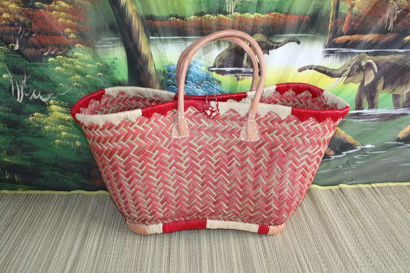 Beau panier à courses - Cabas ARTISANAL MADAGASCAR - Sac Rouge & Naturel - Tressé Main - 3 tailles au choix - plage osier paille