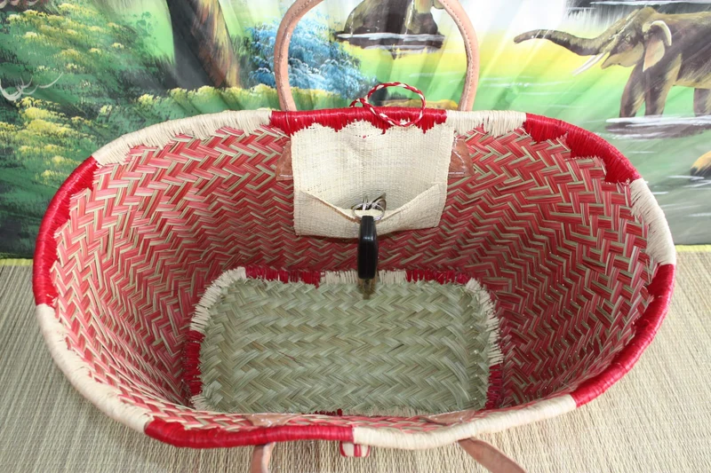 Beau panier à courses - Cabas ARTISANAL MADAGASCAR - Sac Rouge & Naturel - Tressé Main - 3 tailles au choix - plage osier paille
