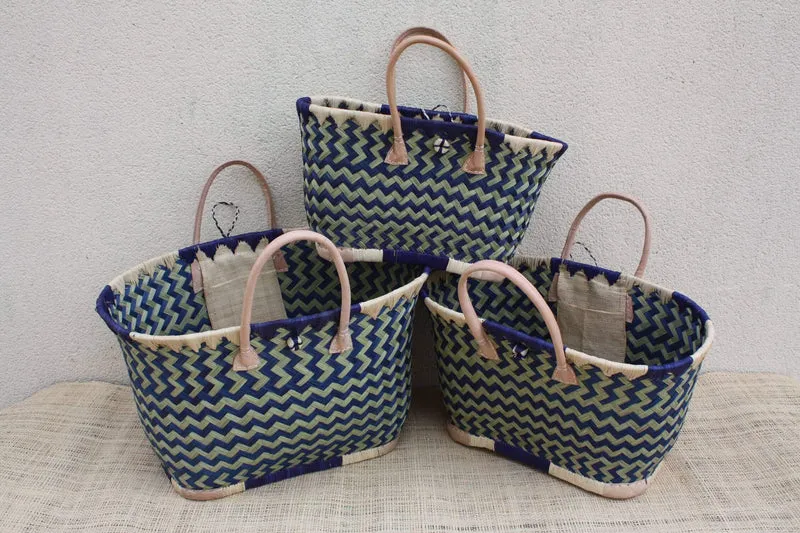 Panier osier bleu naturel Madagascar, sac cabas tressé main, panier marché bohème, sac plage, 3 tailles