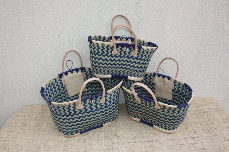 Panier osier bleu naturel Madagascar, sac cabas tressé main, panier marché bohème, sac plage, 3 tailles