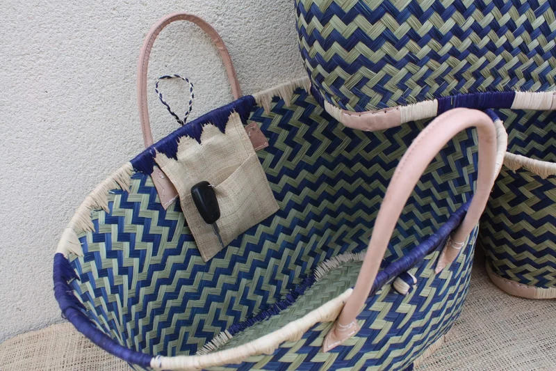 Panier osier bleu naturel Madagascar, sac cabas tressé main, panier marché bohème, sac plage, 3 tailles