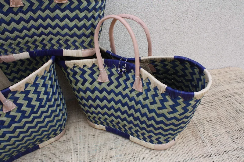 Panier osier bleu naturel Madagascar, sac cabas tressé main, panier marché bohème, sac plage, 3 tailles