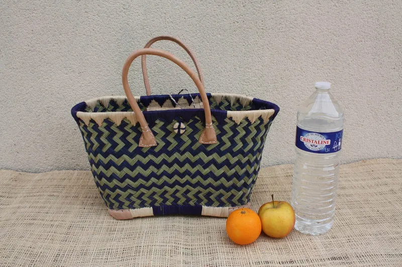 Panier osier bleu naturel Madagascar, sac cabas tressé main, panier marché bohème, sac plage, 3 tailles