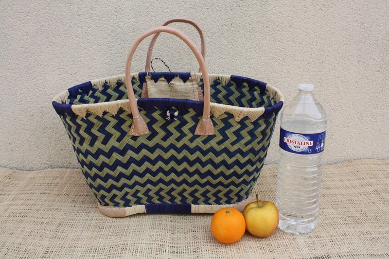 Panier osier bleu naturel Madagascar, sac cabas tressé main, panier marché bohème, sac plage, 3 tailles