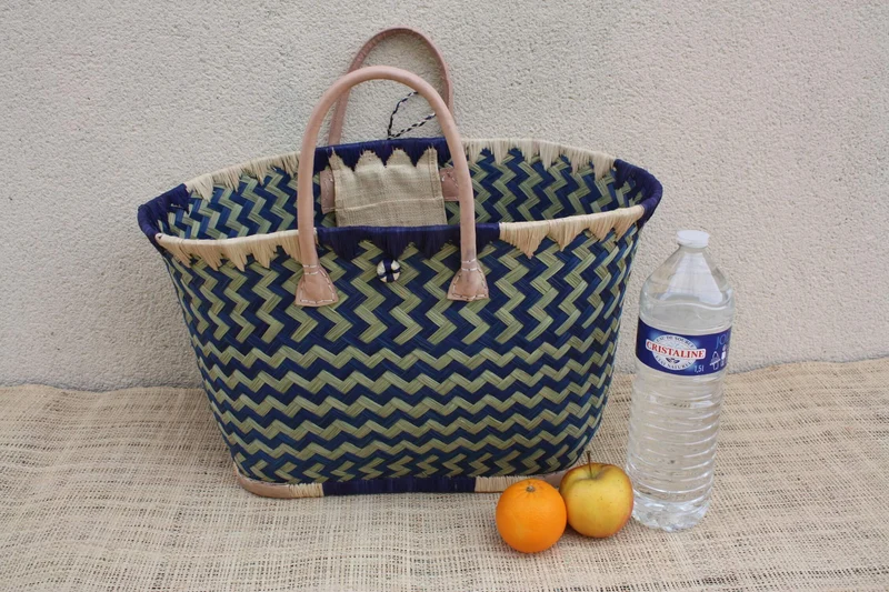 Panier osier bleu naturel Madagascar, sac cabas tressé main, panier marché bohème, sac plage, 3 tailles