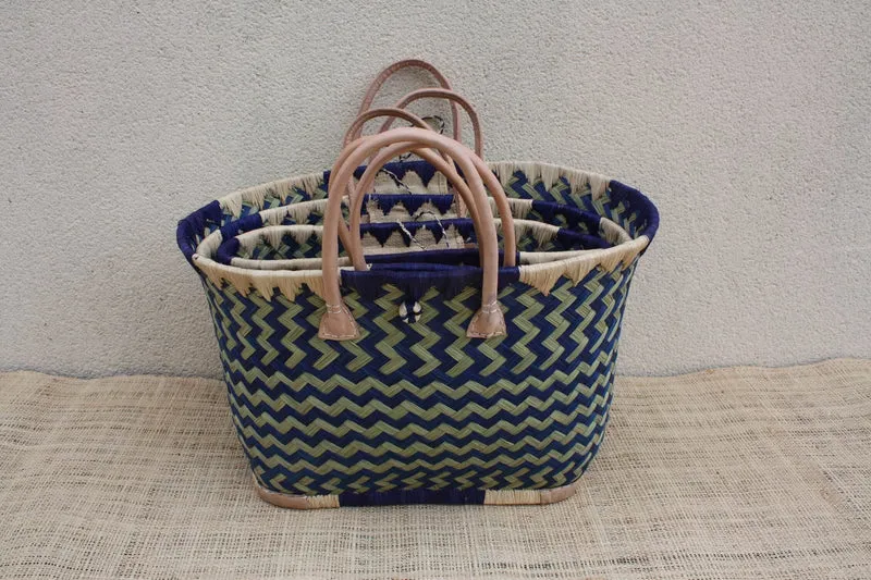 Panier osier bleu naturel Madagascar, sac cabas tressé main, panier marché bohème, sac plage, 3 tailles