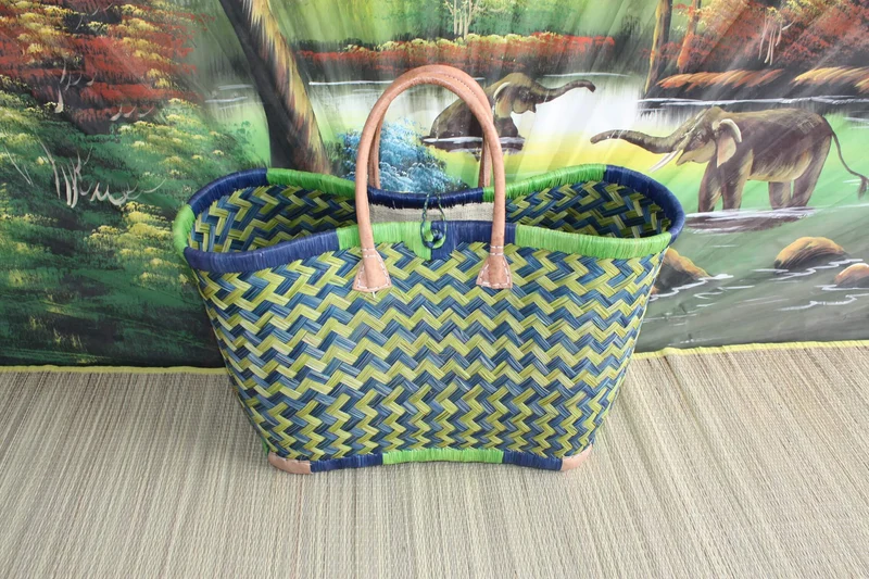 Superbe Panier sac cabas en Paille - 3 TAILLES - tressé main bleu et vert - idéal courses , marchés , plage , déco...